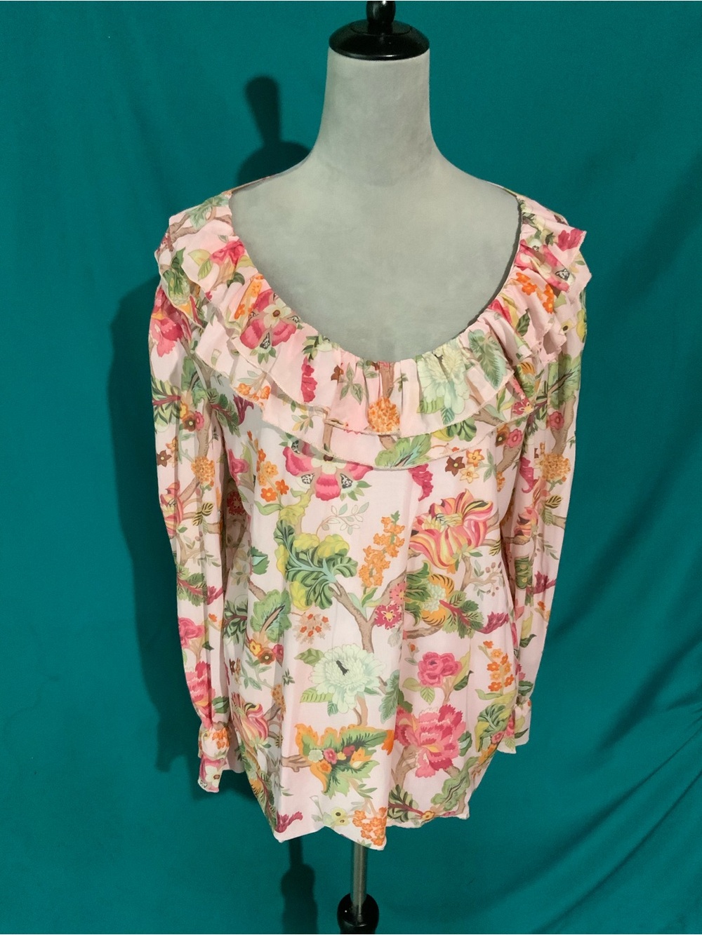 Floral Ruffle Neck Long-Sleeve Top - Pink Floral